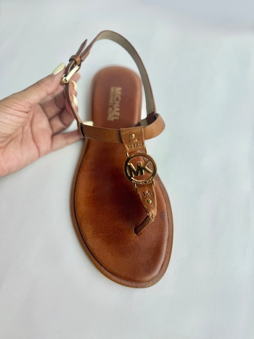 Michael Kors Brown Leather MK Logo T Strap Sandals Size 6